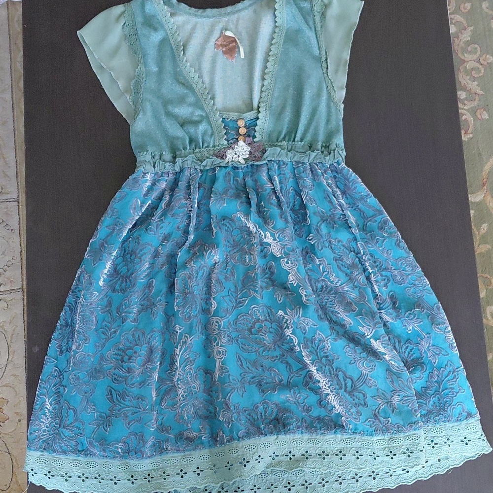 Free People Aqua Lace Tiered Dress | Boho Cottagecore Fairycore Mini Sz 4